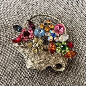 Vintage Crystal Rhinestone Multi Colored Flower Silver Tone Basket Brooch Pin